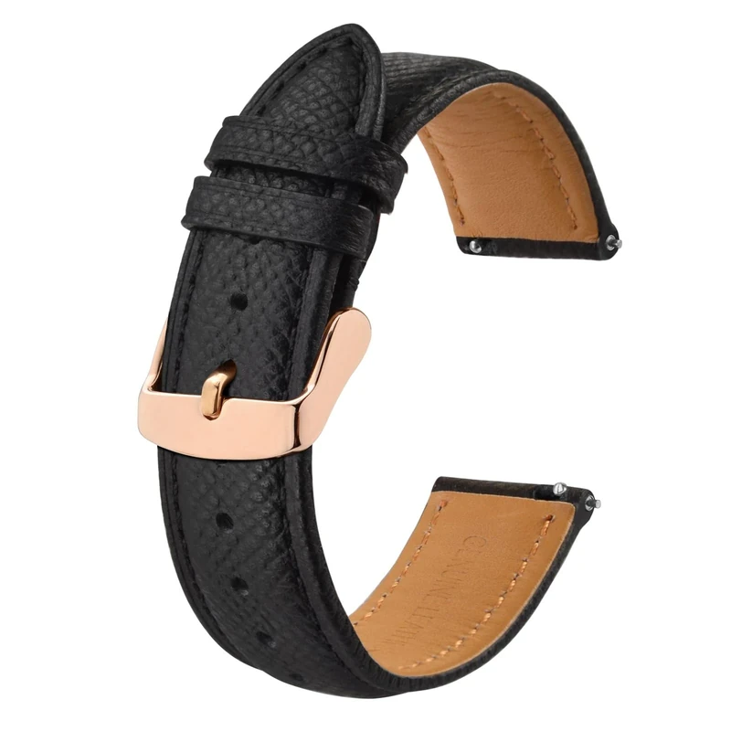 BISONSTRAP Watch Straps with Quick Release, Texture Leather Watchbands for Men Women, 22mm, Black, Rose Gold Buckle