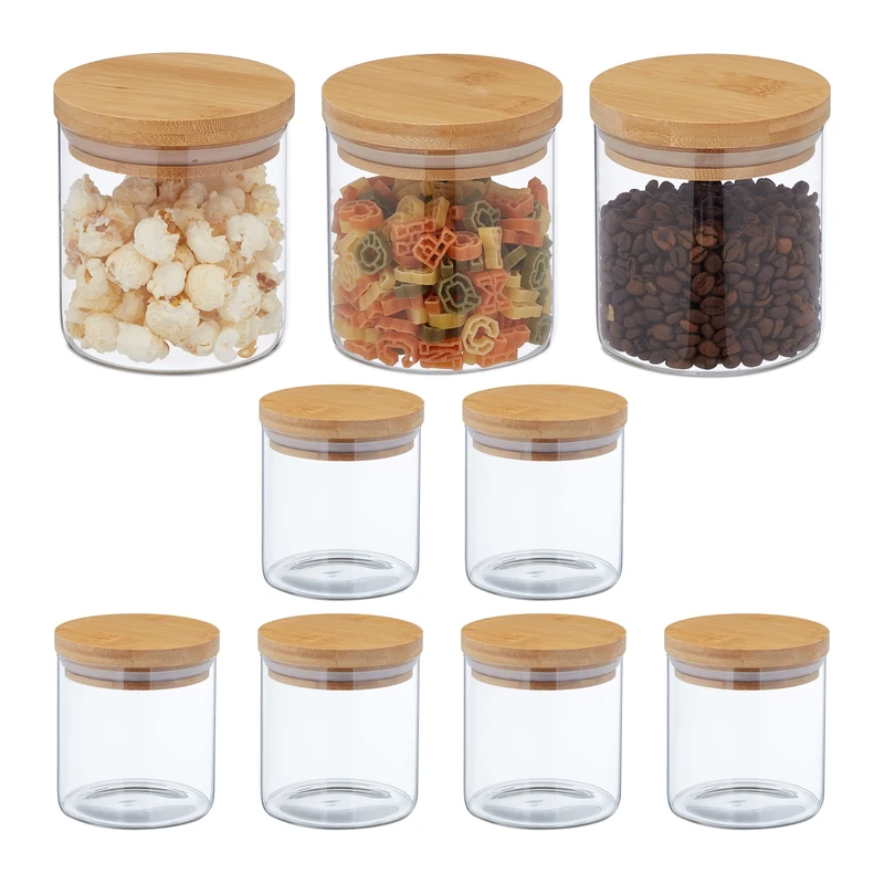 Relaxdays 9X Storage Jars with Bamboo Lids, Glass Containers, 500 ml, Airtight, HxD: 10 x 10.5 cm, Transparent/Natural - Image 1
