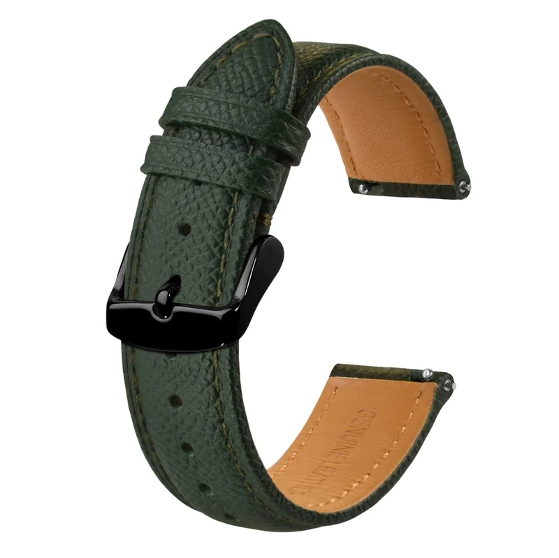 BISONSTRAP Watch Straps with Quick Release, Texture Leather Watchbands for Men Women, 18mm, Dark Green, Black Buckle
