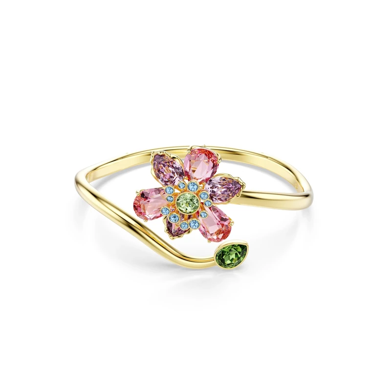 Swarovski Idyllia Bangle Bracelet, Flower Motif with Multicoloured Mixed-Cut Crystals in a Gold-Tone Finished Setting, Size L, Part of the Idyllia Collection