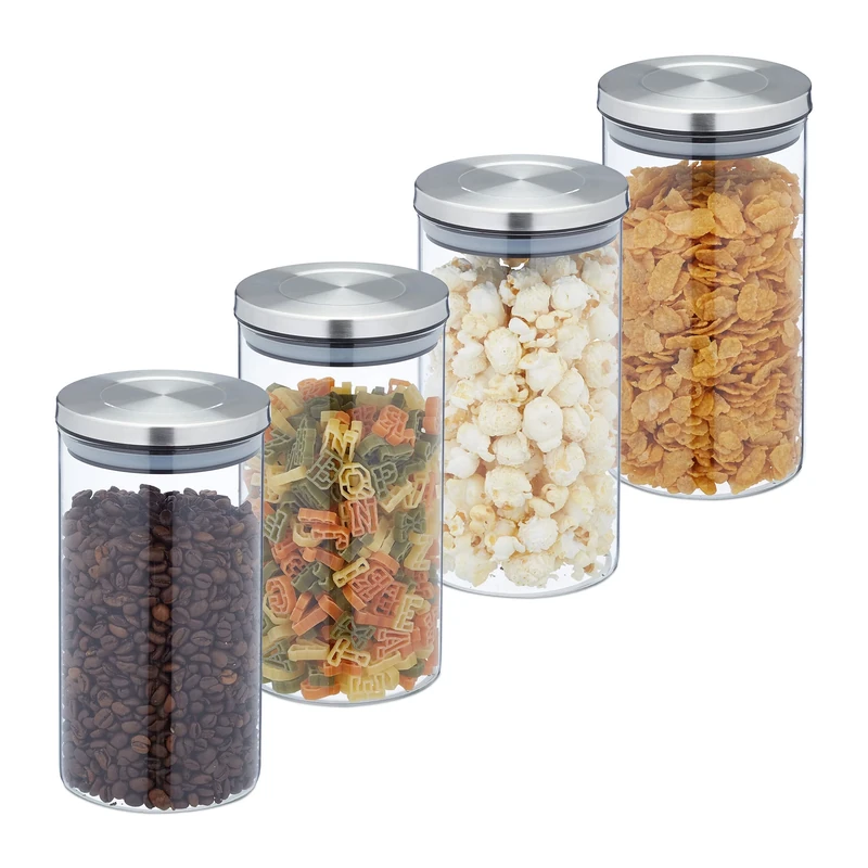 Relaxdays Jars in Set of 4, 1000 ml Capacity, Steel Airtight Lids, Dry Food Storage, Glass, Transparent/Silver