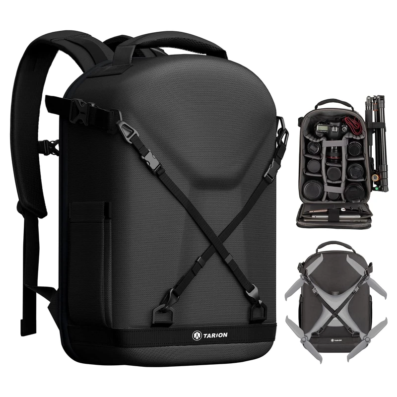 TARION Hardshell Camera Backpack Bag: 3-Side Hard Case Camera Rucksack Photography Backpack with Waterproof Raincover 14.5" Laptop Compartment for Drones for Men Women Photographers Black TRH