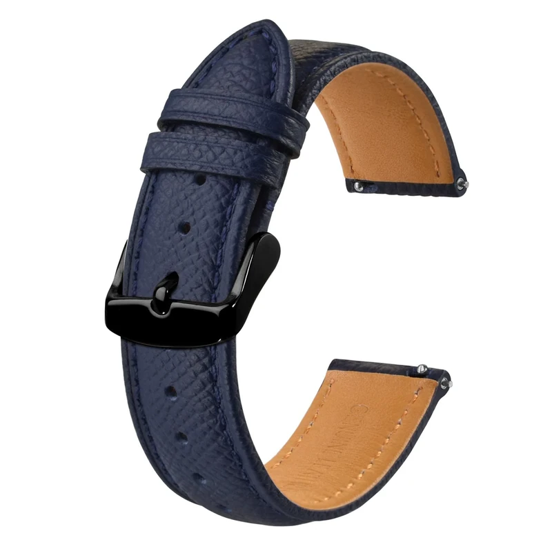 BISONSTRAP Watch Straps with Quick Release, Texture Leather Watchbands for Men Women, 18mm, Dark Blue, Black Buckle