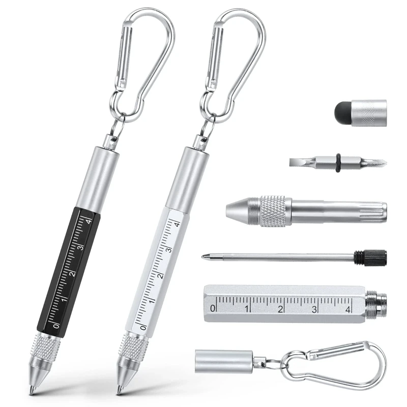 Vicloon Multi Tool Pen, 6 in 1 Multitools Gadgets for Men Dad, Grandad Gifts Include Ballpoint Pen, Touchscreen Stylus, Ruler, Carabiner, Flat and Phillips Screwdriver Dad Gifts (Black+Silver) - Image 1