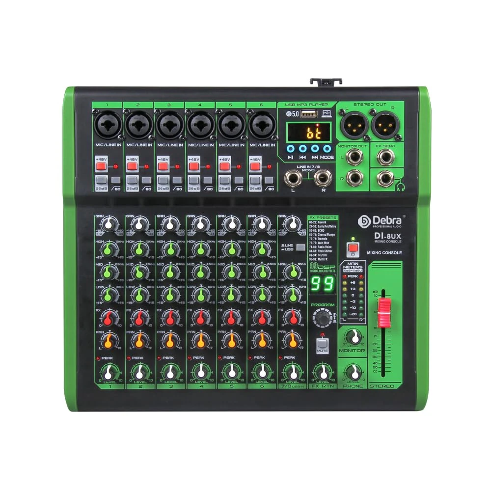 8-Channel Audio Mixer, 99 DSP Effects, USB/MP3 Input, 48V Phantom Power, Ideal for DJ, Karaoke, Recording (DI-8UX)