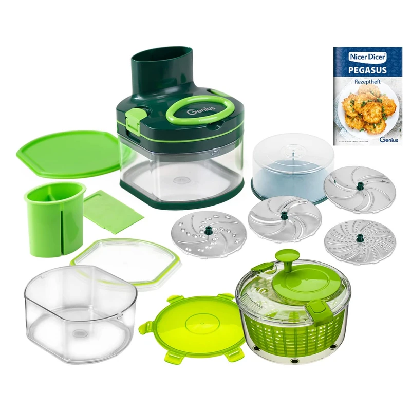 Genius Nicer Dicer Pegasus Vegetable Chopper Deluxe Set 20 Pieces Hand Pull Lid Low Effort Vegetable Cutter for Quick and Safe Work + Salad Spinner