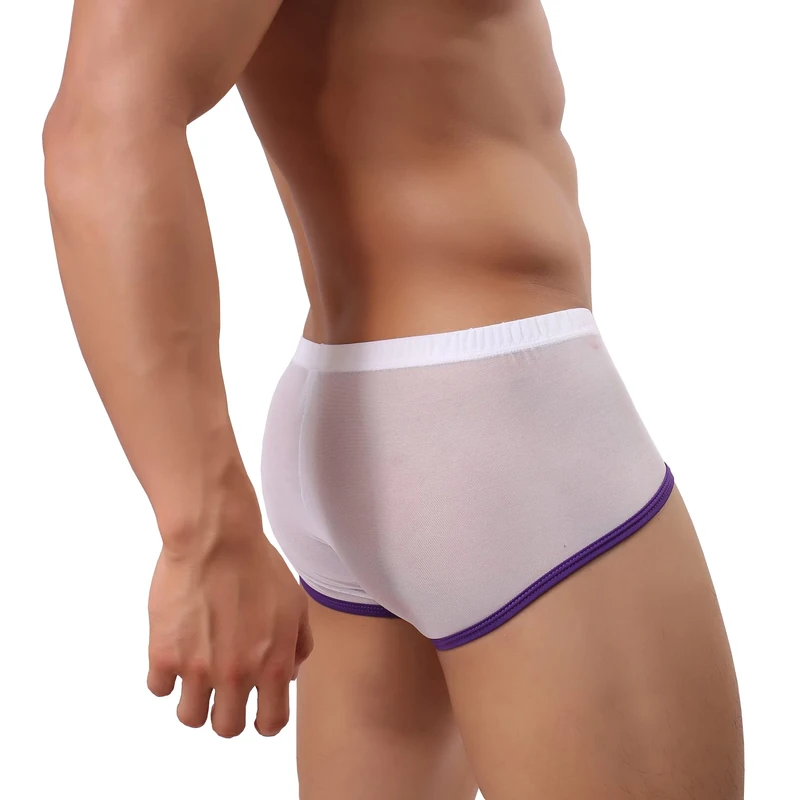Drelaar Men's Comfortable Silky Underwear Trunks Sexy Translucent Boxer Shorts Medium White