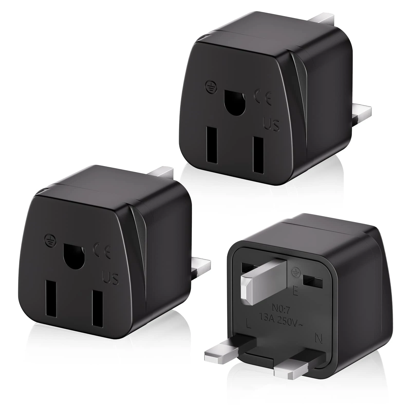 US to UK Plug Adapter 3 Packs, 3250W Max Travel Adaptor, HITRENDS 2/3 Pin USA to 3 Pin UK Plug Adaptor American Canada Mexico Plug to UK Adapter, Type A/Type B Plug to UK Plug, Black