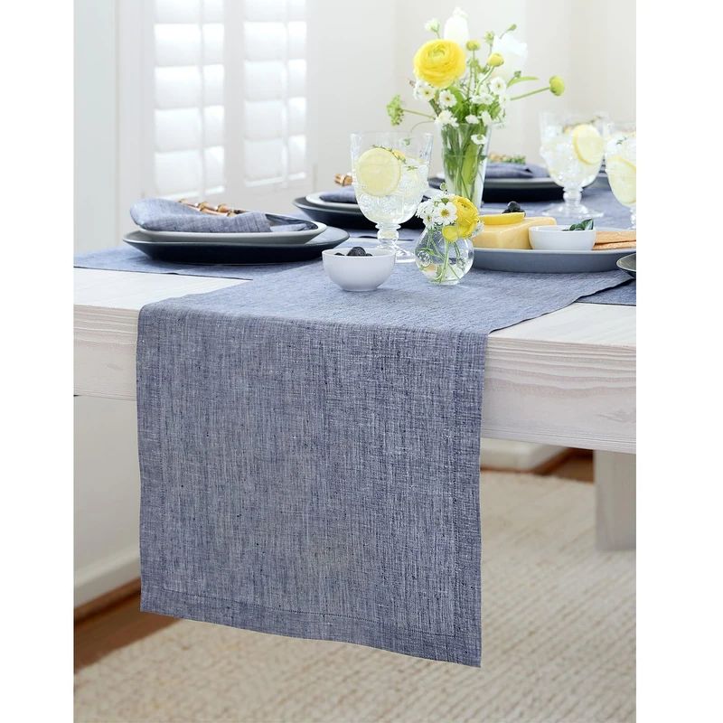 Solino Home Linen Table Runner 108 Inches Long - 100% Pure Linen Chambray Indigo Dining Table Runner 14 x 108 Inch Ideal for Wedding, Spring, Easter - Athena