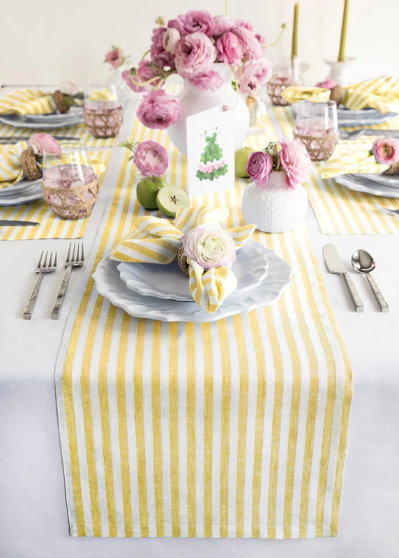 Solino Home Linen Table Runner 90 Inches Long - Amalfi Stripe, 100% Pure Linen Primrose Yellow and White Table Runner 14 x 90 Inch for Dining, Spring, Summer