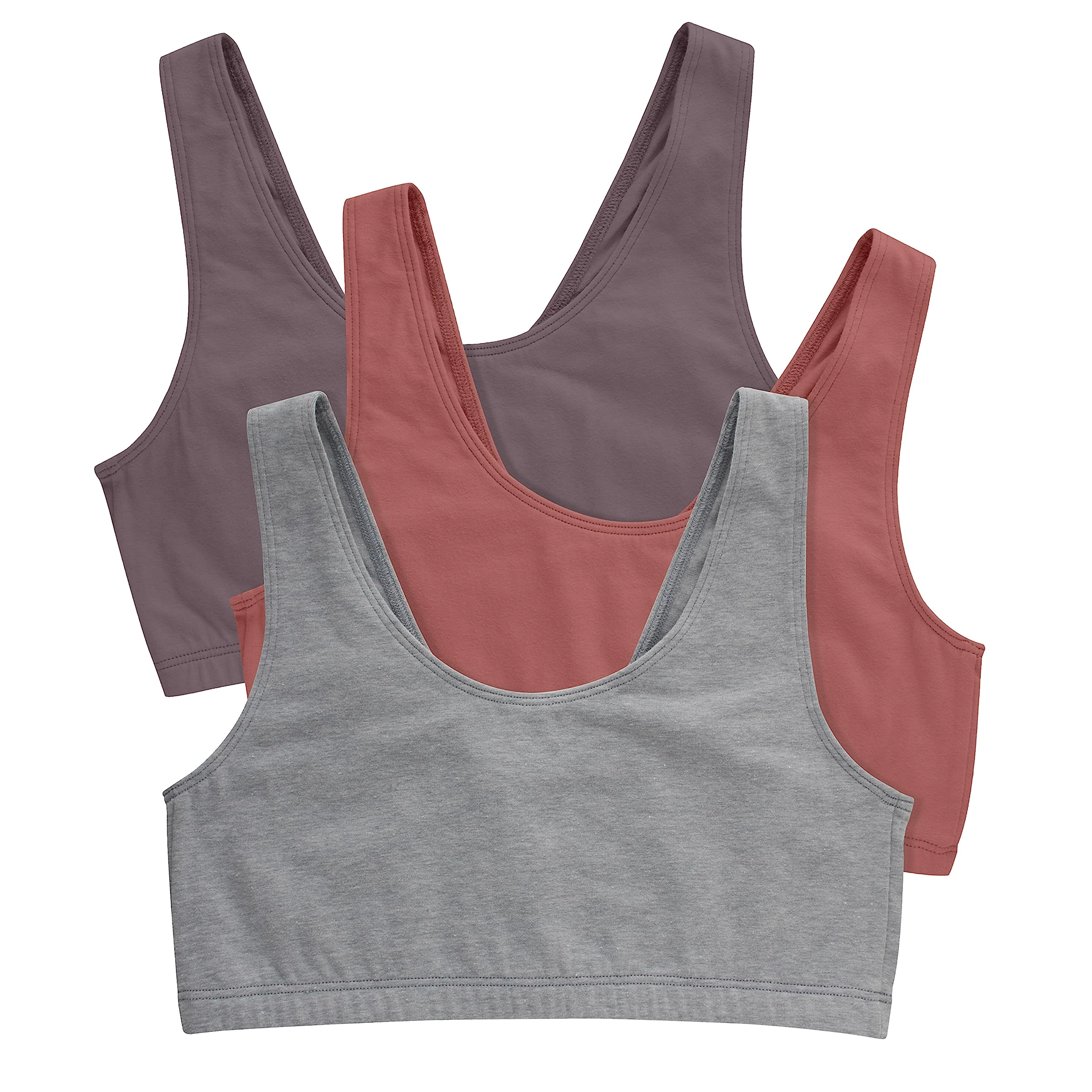 Hanes Womens Scoopneck Bralette Pack, Low-Impact Bra, Cooling Stretch Cotton Crop Top, 3-Pack, Spiced Fig/Terra Red/Concrete Heather, M