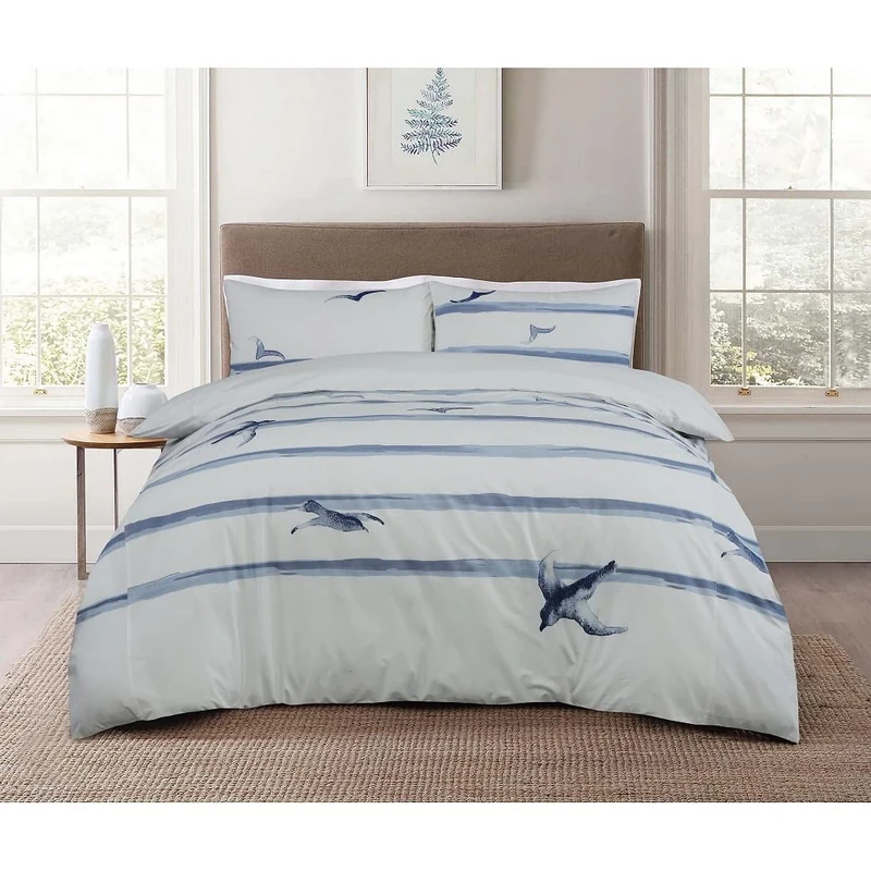 Sleepdown Coastal Birds Waves White Blue 100% Cotton Plain Reverse Duvet Cover Quilt Pillow Case Bedding Set Soft Easy Care - King (230cm x 200cm)
