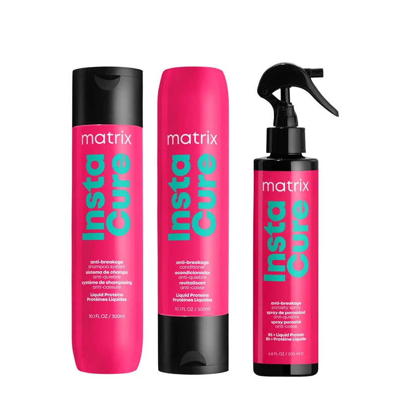 Matrix Anti-Breakage Professional Hair care regime with Instacure Cleansing Shampoo 300 ml, Conditioner and Smoothing Porosity Leave-In Spray 200 ml for Dry, Damaged Brittle Hair, Total Results