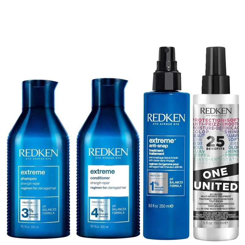 REDKEN Heathy Hair Must Have, Extreme Shampoo and Conditioner 300 ml, Anti Snap Leave In Hair Treatment 150 ml and One United 25 Multi-Benefits Leave In Conditioner and Treatment Spray 150 ml, Ultimate Four Step Routine Set for Damaged Hair