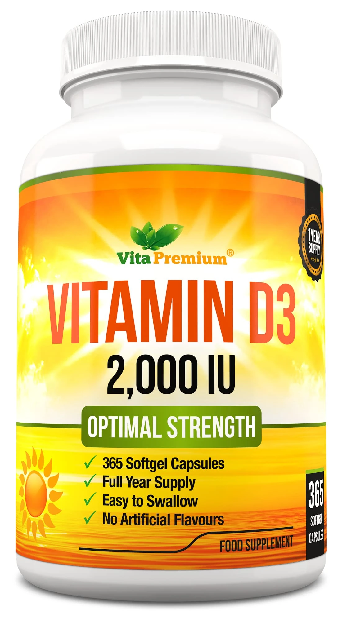 Vitamin D 2,000 IU, Optimal Strength Vitamin D3 Supplement, 365 Easy to Swallow Softgels - Full Year Supply