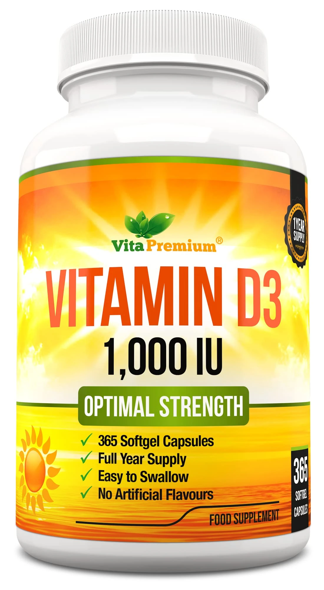 Vitamin D 1,000 IU, Optimal Strength Vitamin D3 Supplement, 365 Easy to Swallow Softgels - Full Year Supply