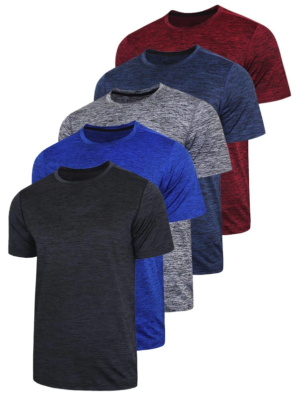 5 Pack Men’s Active Quick Dry Crew Neck T Shirts | Athletic Running Gym Workout Short Sleeve Tee Tops Bulk, Heather Black/Blue/Gray/Navy/Maroon, XXXXL