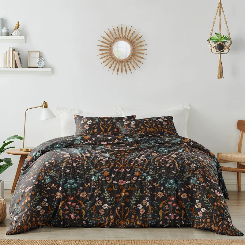 3pc Super King Size Duvet Set (Black Boho Wildflower Floral) Bedding, Bed in a Bag, Kingsize Duvet Cover & Pillowcases (Orange, Bohemian Aesthetic, Botanical Cottagecore, Vintage Garden, Indie Flower)