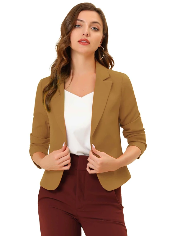Allegra K Women's Open Front Office Work Business Crop Suit Blazer Jacket, Dark Khaki-Solid, S