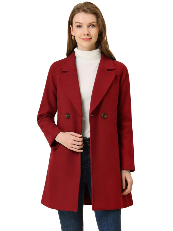 Allegra K Women's Notched Lapel Double Breasted Raglan Winter Coats, Dark Red, S