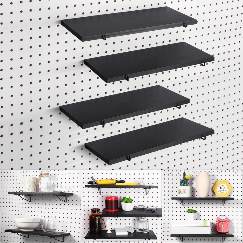 Blulu 4 Set Large Pegboard Shelf Kit Fiberboard Pegboard Shelves Storage Brackets Stain Resistant Peg Board Organizer Shelves Pegboard Accessories for Wall(Black, 13.78 x 5.91 inches)