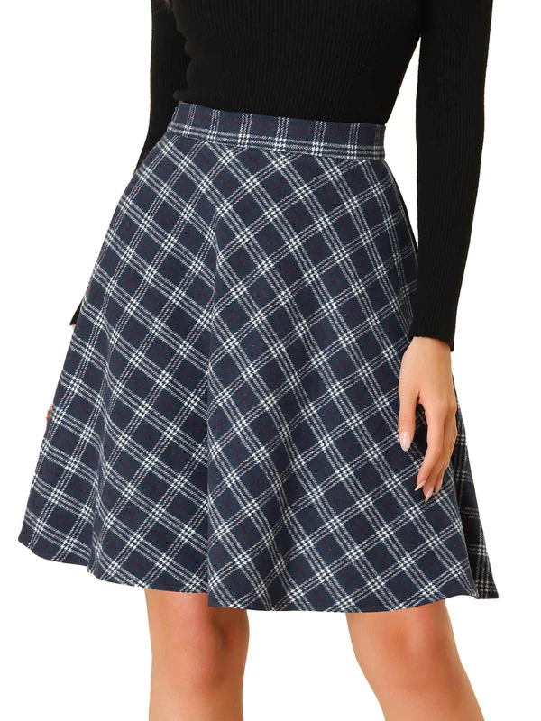 Allegra K Women's Plaids Vintage Tartan Elastic Waist Knee Length A-Line Skirt, Dark Blue, S