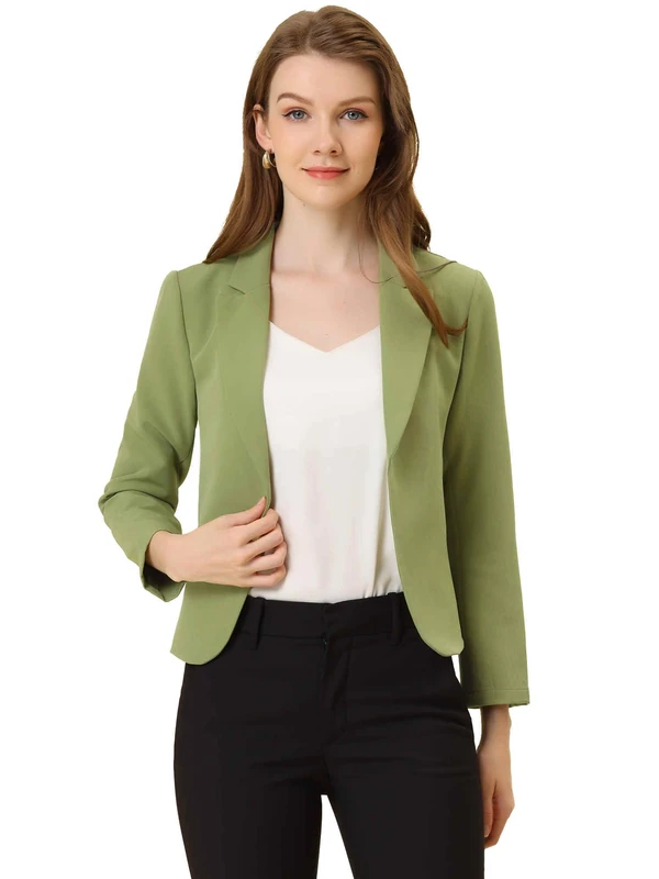Allegra K Women's Open Front Office Work Business Casual Crop Suit Blazer Jacket, Avocado Green-Solid, M