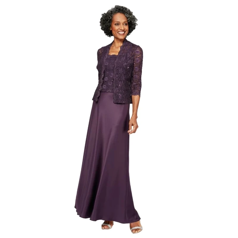 Alex Evenings Women's Two Piece Mother of The Bride Dress with Lace Jacket (Petite and Regular Sizes) Special Occasion, Aubergine, 6 (Pack of 2)
