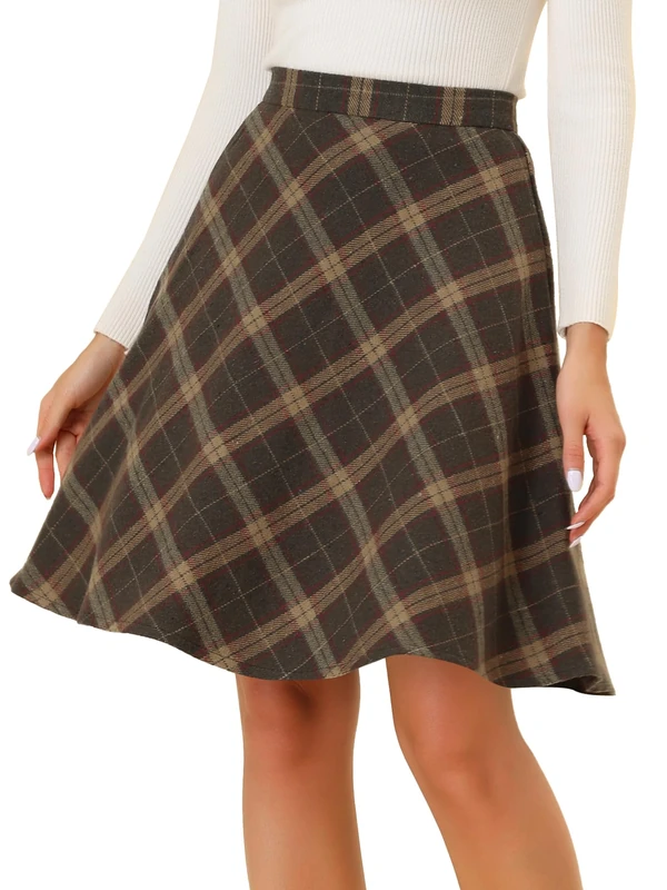 Allegra K Women's Plaids Vintage Tartan Elastic Waist Knee Length A-Line Skirt, Brown, Medium