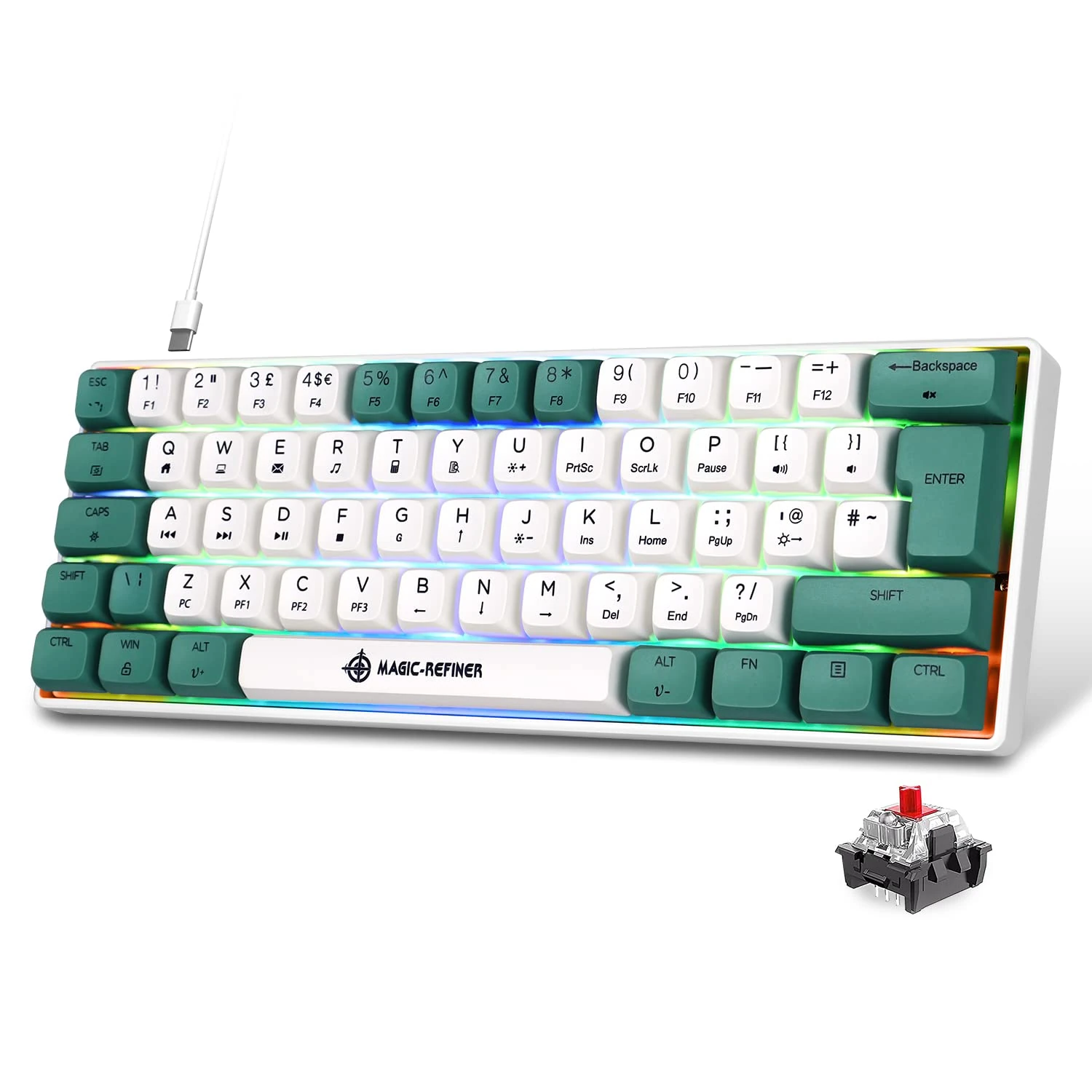 MAGIC-REFINER MK21 60% Percent Mechanical Keyboard UK Layout Compact 62 Key Mechanical Gaming Keyboard Light up RGB Backlit USB C Gaming keyboard Compatible with PC, Laptop, PS4, PS5 - Red Switch