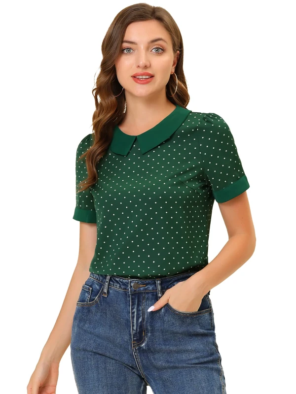Allegra K Women's Peter Pan Collar Shirt 1950s Vintage Polka Dots Blouse, Green, M