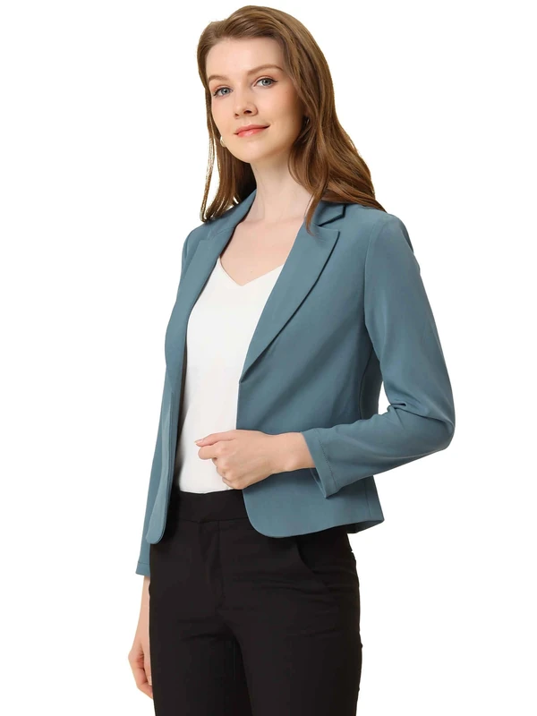 Allegra K Women's Open Front Office Work Business Casual Crop Suit Blazer Jacket, Blue Grey-Solid, M