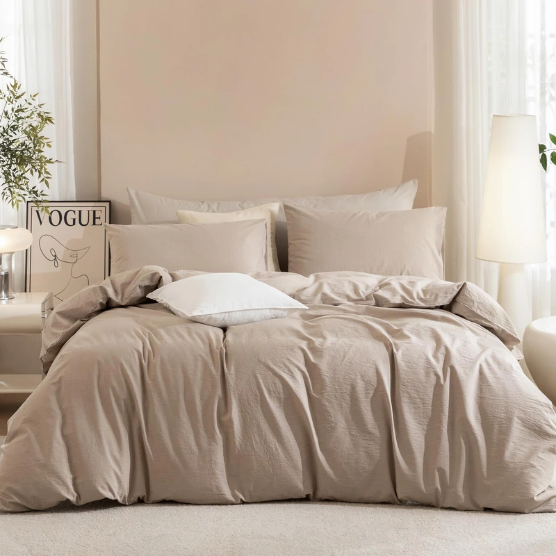JIYUAN Queen Washed Cotton Duvet Cover Set, 3-Piece, Relaxed Linen Feel