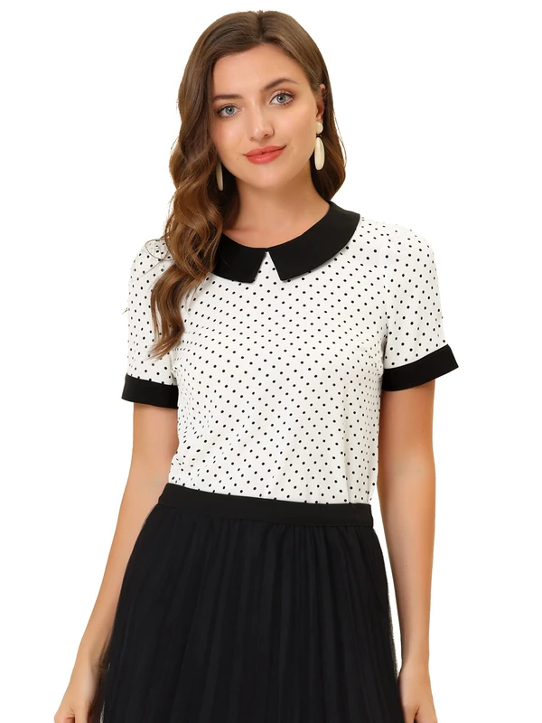 Allegra K Women's Peter Pan Collar Shirt 1950s Vintage Polka Dots Blouse, White, XL - Image 1