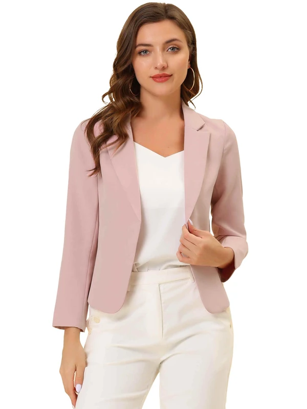 Allegra K Women's Open Front Office Work Business Crop Suit Blazer Jacket, Pink-Solid, Large