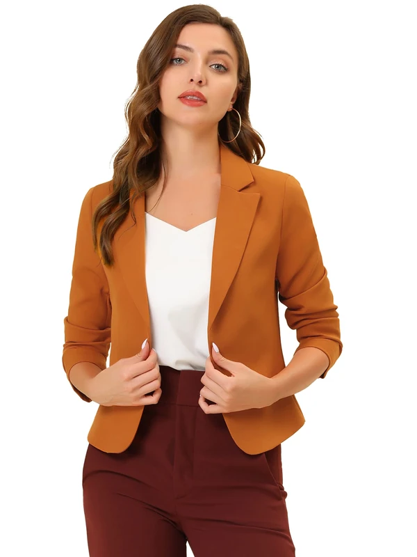 Allegra K Women's Notched Collar Open Blazer Casual Jacket Office Jacket, Caramel Plain, L
