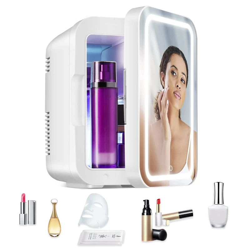8L Mini Fridge, Portable Cosmetic Refrigerator with Makeup Mirror and LED Light, Car Fridge Cooler and Warmer AC/DC Powered for Cars, Offices, Skin Care, Food, Drink