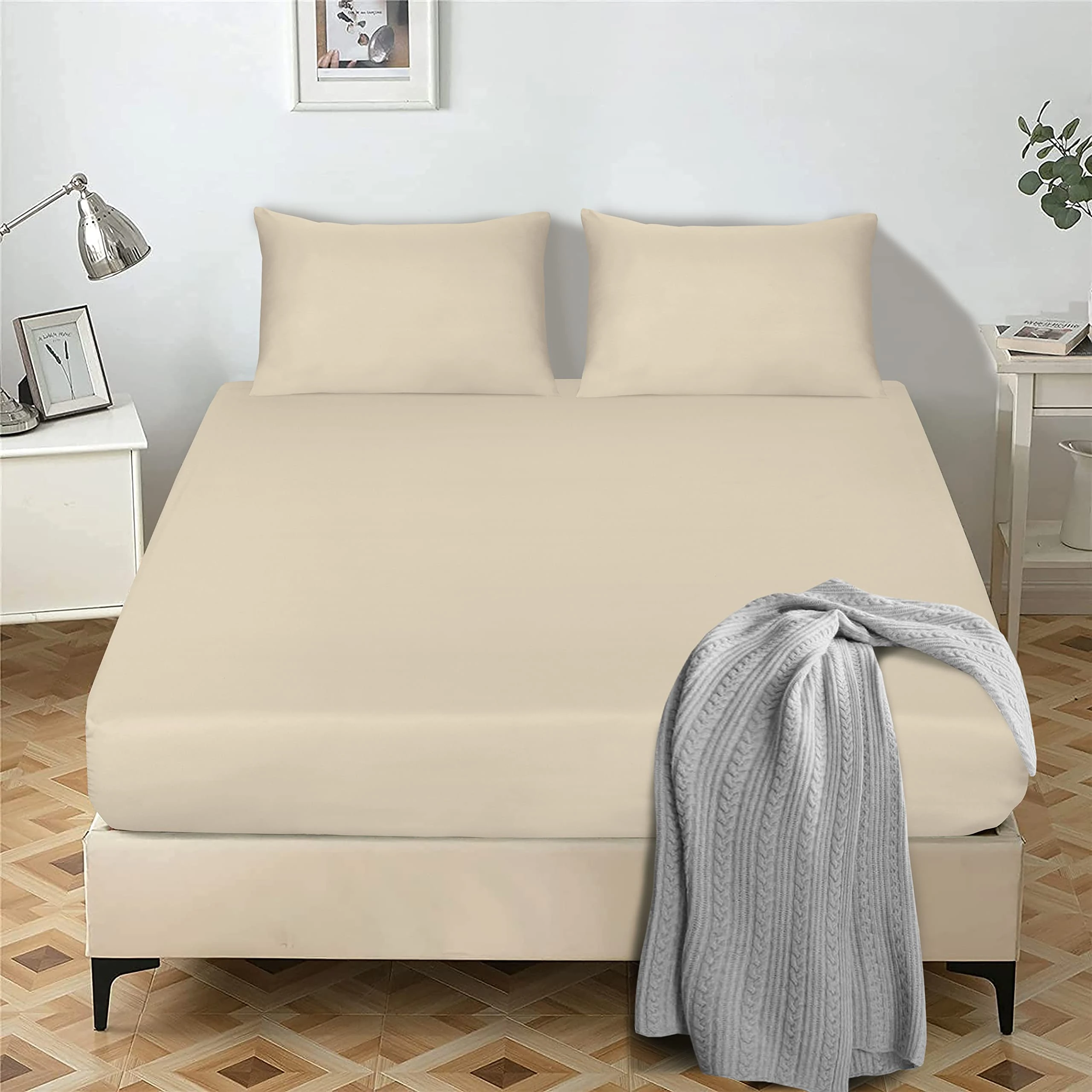 My home store Fitted Sheet 25 cm Deep Brushed Microfiber Ultra Soft No-Iron Wrinkle-Resistant Plain Dyed Fitted Bed Sheets Hypoallergenic Breathable Sheets (Cream, Double)