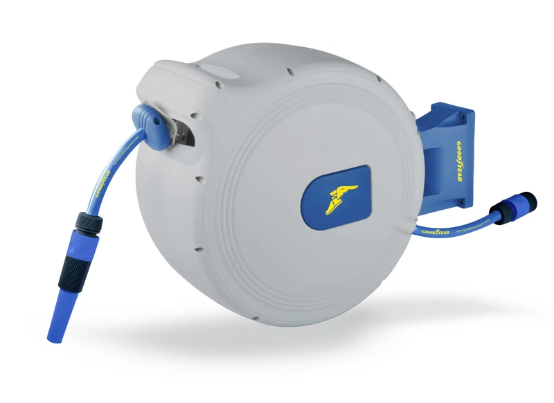 Goodyear - 30 m Automatic Hose Reel, Wall Mounted Garden Hose Holder with 180 ° Rotation, 2 m Hose, ½ inch ¾ inch connectors Included