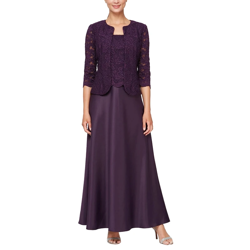 Alex Evenings Women's Two Piece Dress with Lace Jacket (Petite and Regular Sizes), Aubergine, 12 Petite