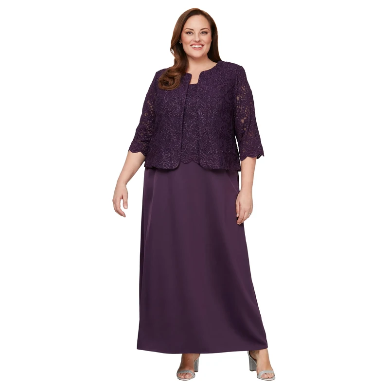 Alex Evenings Women's Two Piece Mother of The Bride Dress with Lace Jacket (Petite and Regular Sizes) Special Occasion, Aubergine, 10 (Pack of 2)