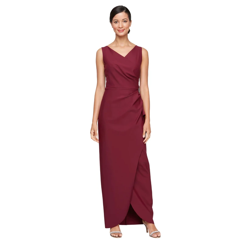 Alex Evenings Women's Ruched Ruffle Skirt Dress - Wine, 20