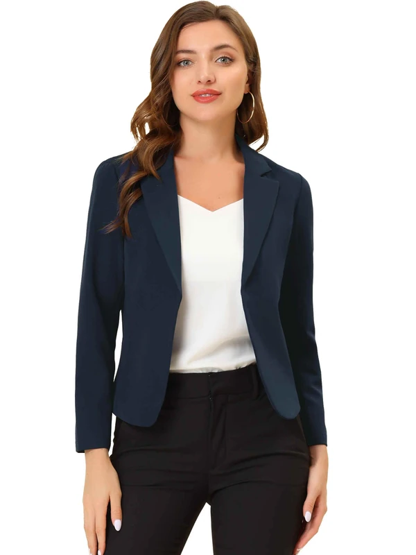 Allegra K Women's Open Front Office Work Business Casual Lightweight Summer Cropped Jacket Blazer, Cropped Blazer, Dark Blue-Solid, XS