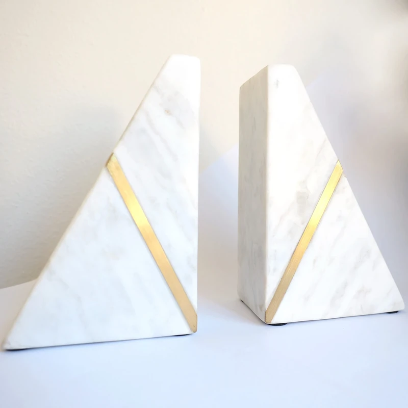 Marble Bookends Handcrafted Heavy Marble Triangular Bookshelf Decor Brass Inlay Set of 2 Decorative Bookends Book Stoppers with Non-Skid Bottom Solid Home Kitchen Office Shelves Triangle