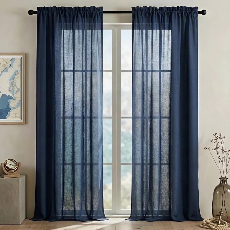 Navy Curtains 108 Inches Long for Living Room 2 Panels Set Light Filtering Farmhouse Linen Semi Privacy Flowy Airy Breathable Dark Blue Curtains for Formal Dining Room Tall Windows Decor 9 FT Length