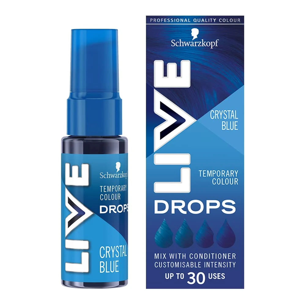 Schwarzkopf LIVE Colour Drops Crystal Blue Semi-Permanent Hair Dye, 30ml, Colour that Lasts 2-12 Washes, Blue Hair Dye Drops
