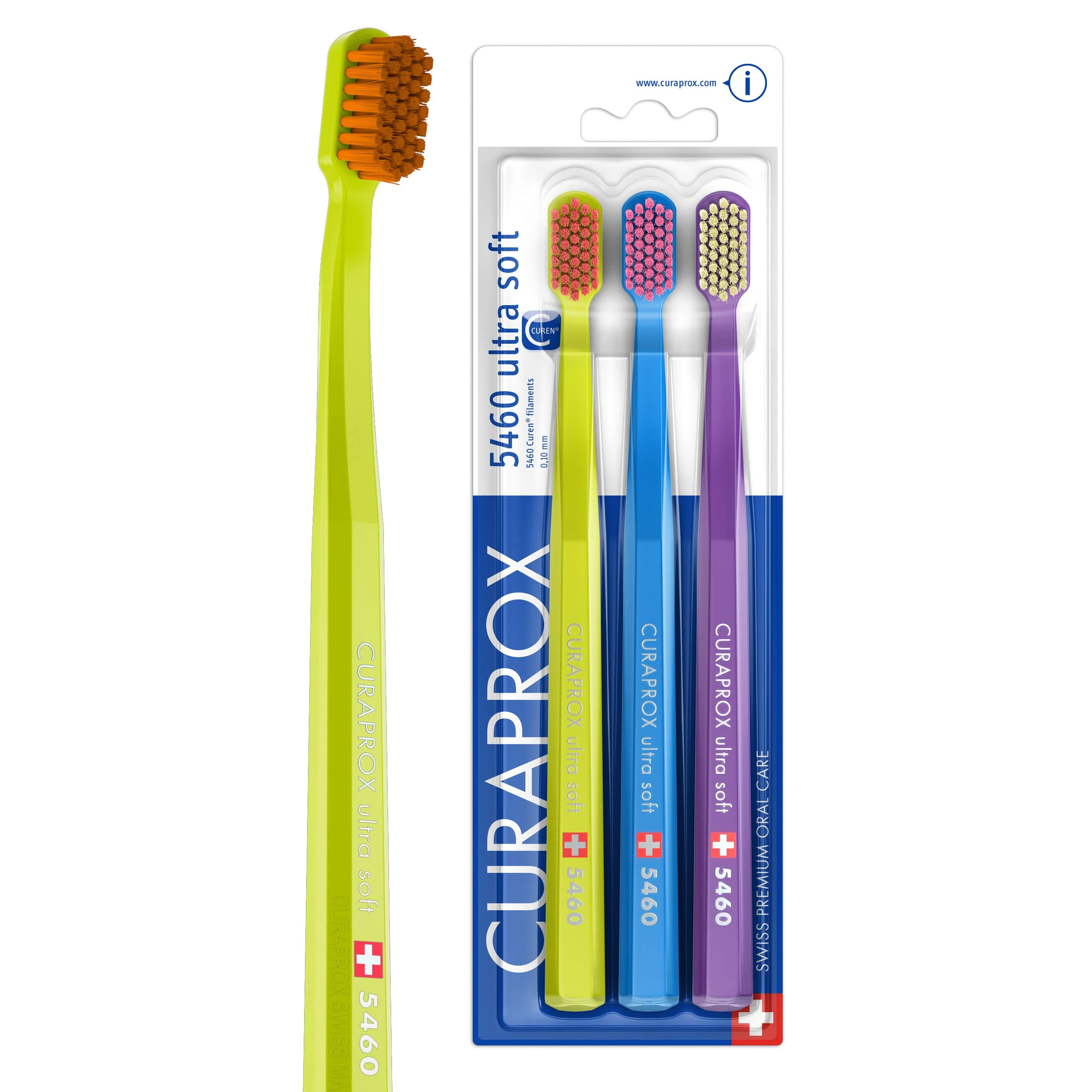 Curaprox CS 5460 Toothbrush Set, Ultra Soft Manual Toothbrush for Adults, 5460 with Super Soft CUREN Bristles, Green, Blue, Purple, Pack of 3