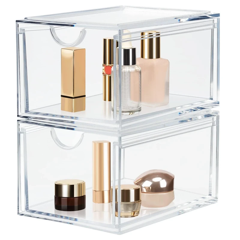 LileZbox Stackable Cosmetic Organizer Drawers,Clear Acrylic Plastic Storage Bins For Vanity,Home Organization and Storage,Hair Accessories, Skin Care, Bathroom Counter or Dresser - Set of 2