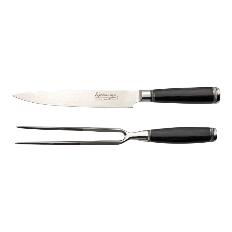 Katana Saya Pakkawood 2 Piece Carving Set, 20cm Carving Knife and 18cm Carving Fork, Japanese 67-Layer VG-10 Damascus Stainless Steel, Black Pakkawood Handle, Kitchen Knife