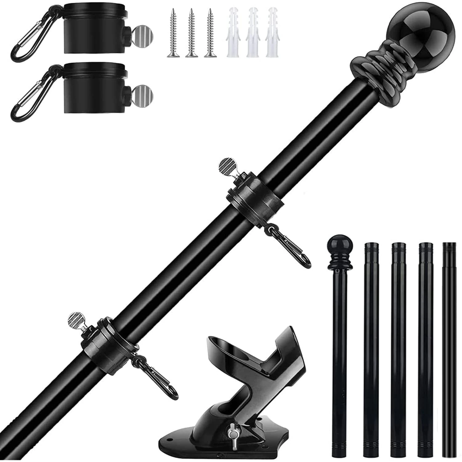 Verdenu 6 FT Wall Mounted Flag Pole, Adjustable Stainless Steel Flag Pole Kit with Holder, 360° Tangle Free Wall Mounted Flagpole for Outside House Garden Commercial (Black)